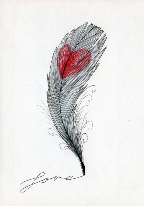 перо с красным сердцем женский эскиз тату