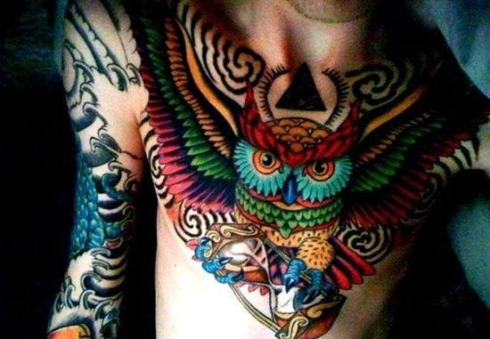Colorful Owl Tattoo on Chest