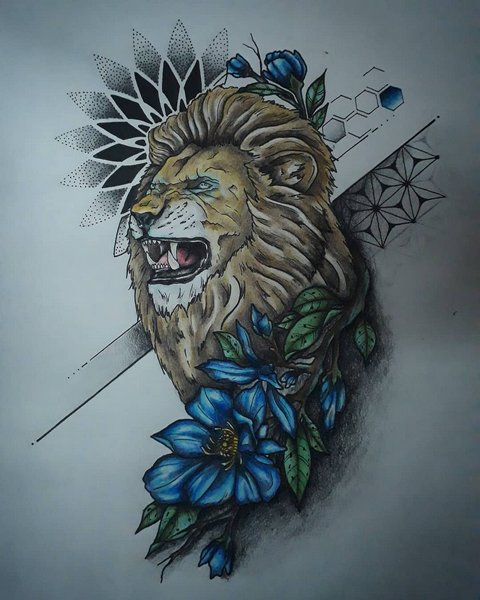 Эскиз льва с голубимы цветами