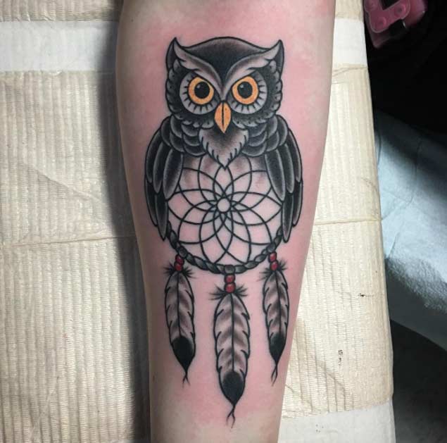 owl dreamcatcher tattoo on arm