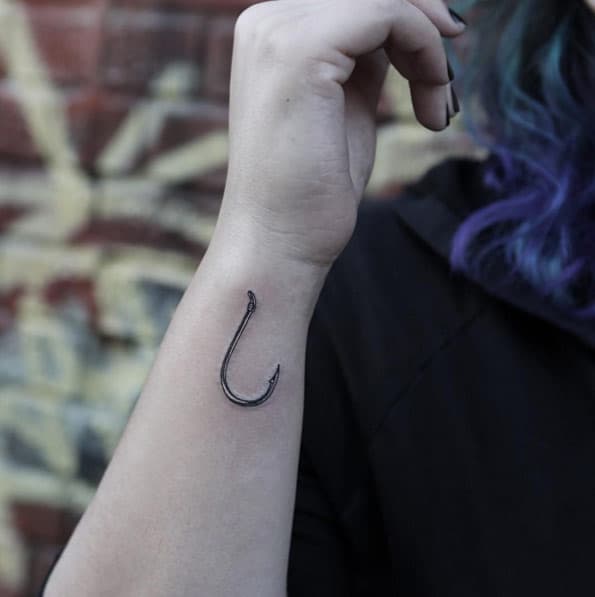 Fish Hook Tattoo on Wrist by Joice Wang