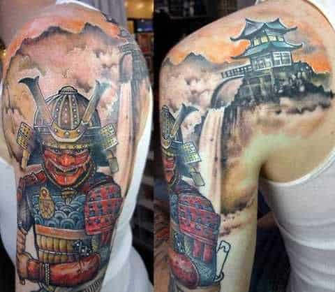 Samurai Saving the Kingdom Tattoo on Upper Back and Arm