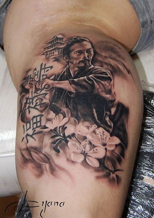 Samurai Tattoo with Castle, Flowers and Writing