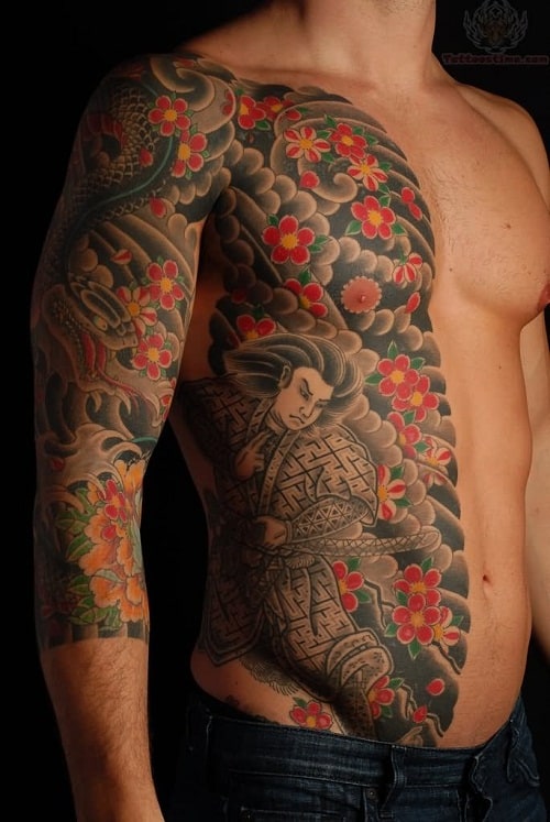 Samurai with Red Flowers Side Tattoo