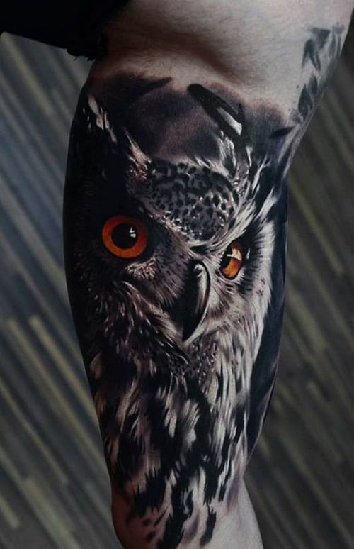 owl tattoo on lower leg