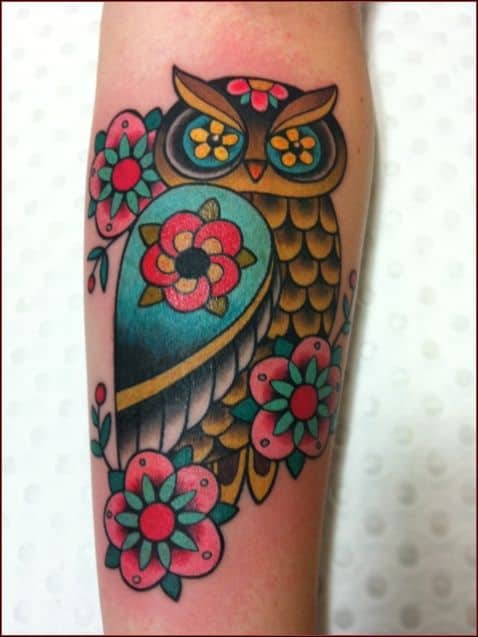 owl and flowers tattoo