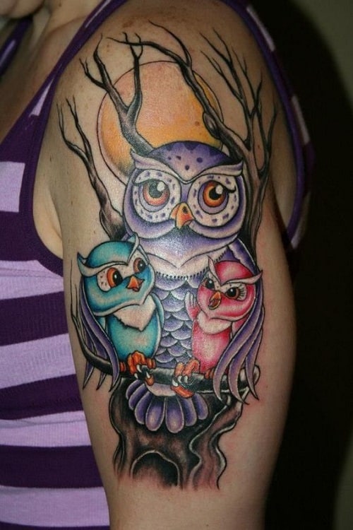 Owl with Offsprings Tattoo