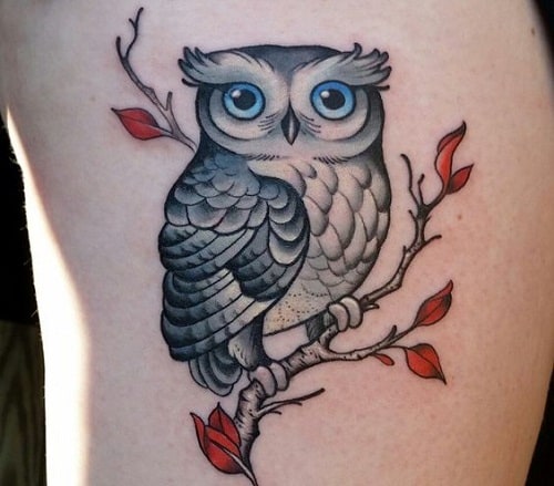 Owl with Orange Leaves Tattoo