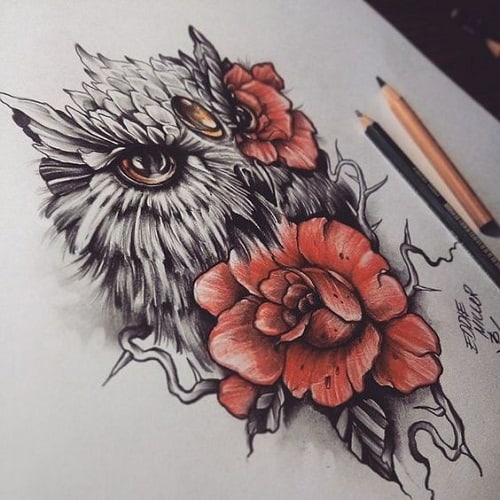 Realistic Owl Tattoo with Red Roses