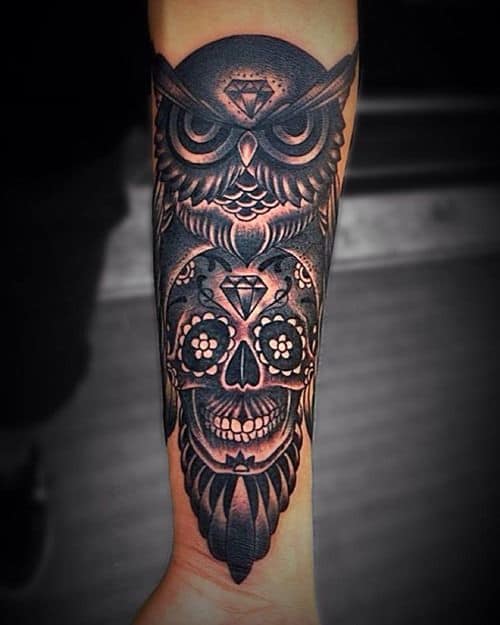 Scary Owl, Skull and Diamond Arm Tattoos