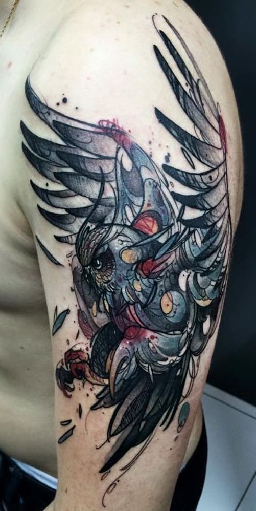 Scary Watercolor Owl Tattoo