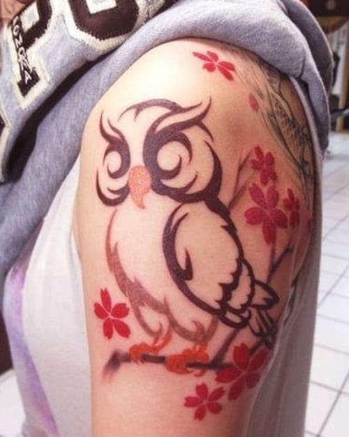 Simple Owl with Cherry Blossom Tattoo
