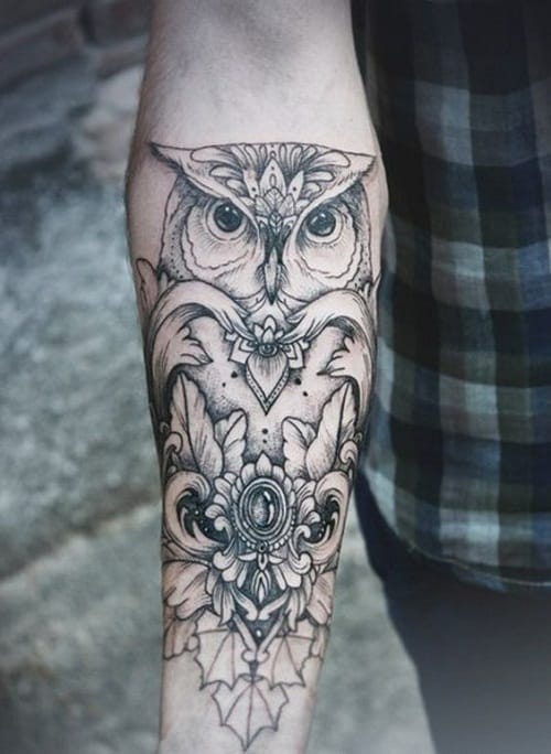 Simple Owl with Gem Tattoo
