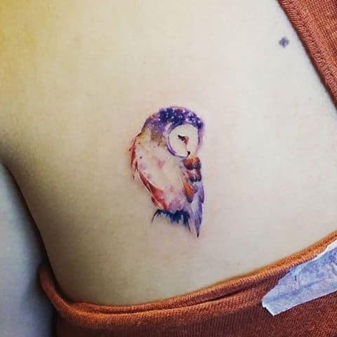 Watercolor Owl on Side Tattoo