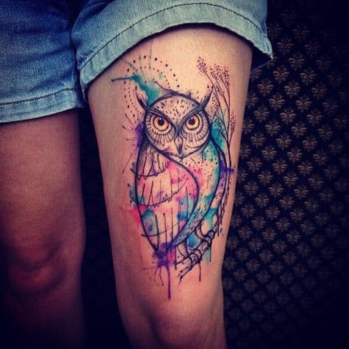 Watercolor Owl on Thigh Tattoo