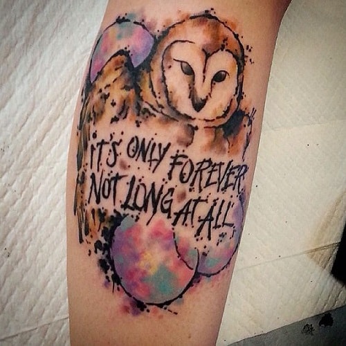 Watercolor Owl with Quote Tattoo