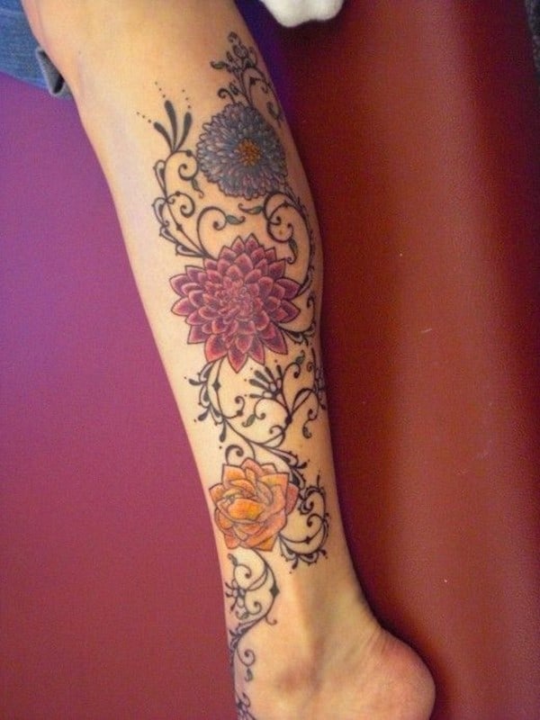 Colourful-dahlia-tattoo-idea-on-calf