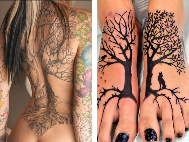 Красивые татуировки древа жизни на спине и на стопах у девушек