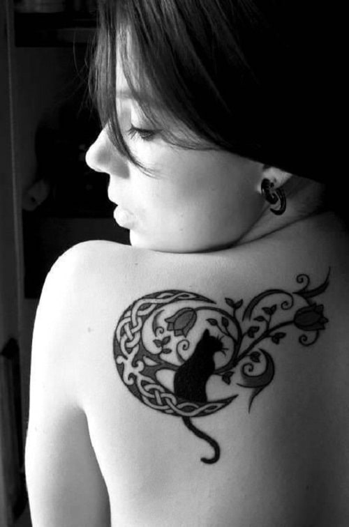 Black Cat and Flowers Crescent Moon Tattoos
