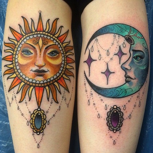 Pretty Colored Sun and Moon Tattoos