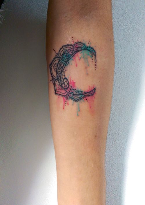 Splash of Color Crescent Moon Tattoos
